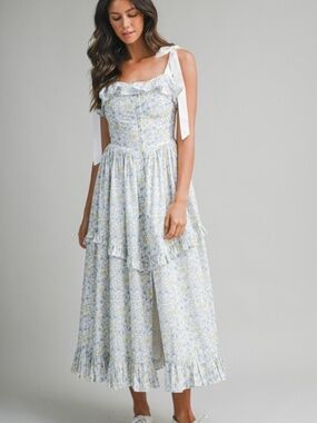 Floral Printed Contrast Shoulder Strap Midi Dress